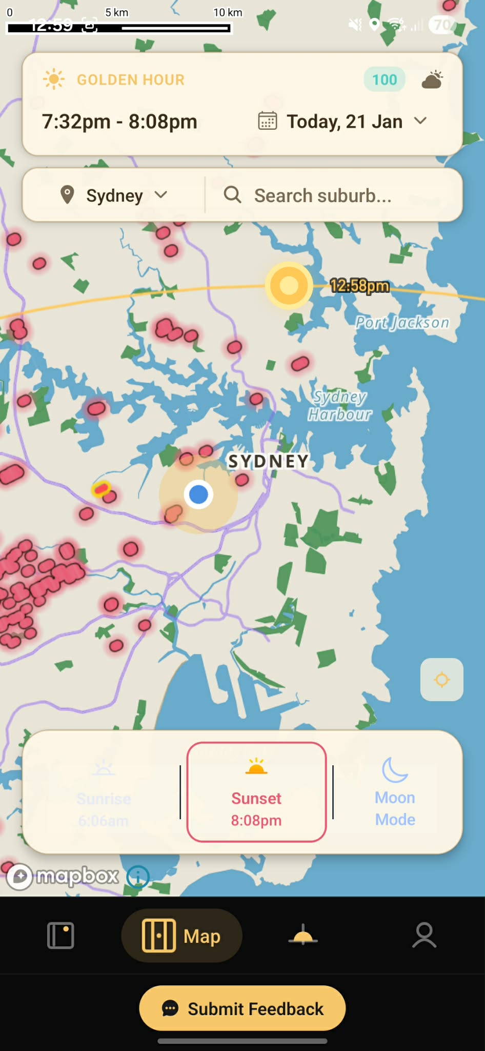 CityHenge app showing sunset street alignments across Sydney
